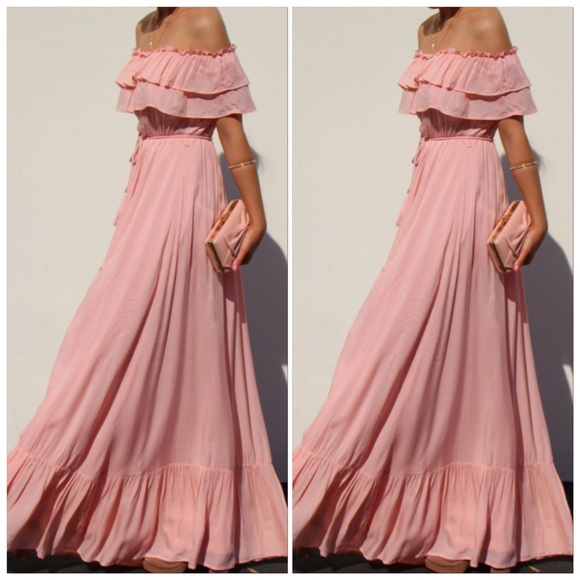 🆕Pink Off The Shoulder Flounced Flowy Ruffled Maxi Dress With Tasseled Belt - Picture 1 of 14